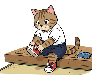 関で靴をはく猫のイラスト。