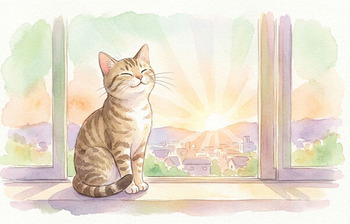 朝日を浴びるねこ