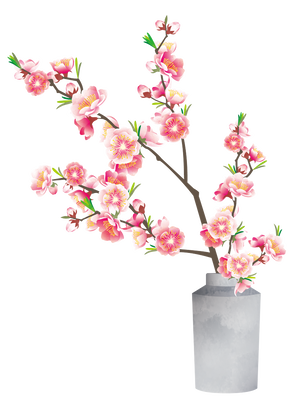 花瓶に活けた枝付きの花桃
