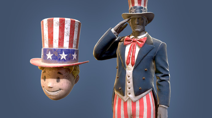 アメリカの愛国者スーツと帽子 愛国者vaultボーイマスク ぬかキャン Fallout 76 サバイバルガイド
