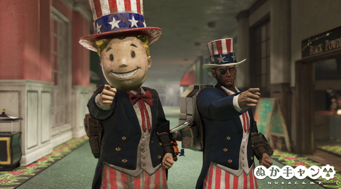 アメリカの愛国者スーツと帽子 愛国者vaultボーイマスク ぬかキャン Fallout 76 サバイバルガイド