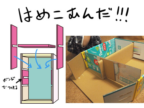 ドールハウスの作り方 仕切りをはめ込む