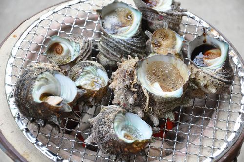 七輪でサザエのつぼ焼き