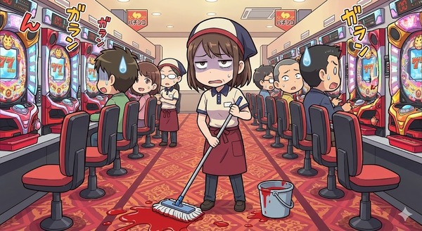 【恐怖】パチンコ客が吐血してできた血溜まりを掃除したホールスタッフさん、高熱が出てしまう…