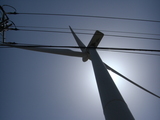 ハーレーダビッドソンと風力発電見上げ