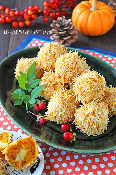余った素麺でかぼちゃとチーズのカリカリいがぐりコロッケ♪ハロウィン 