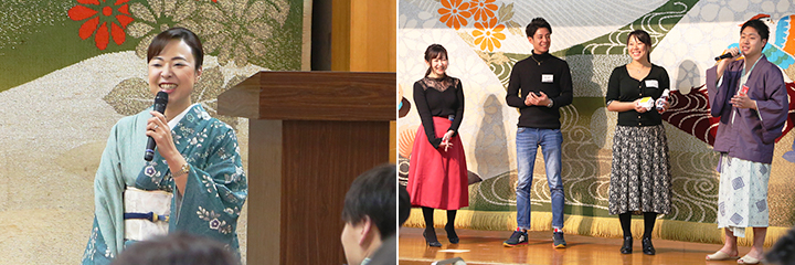 <篝火の湯 緑水亭>若女将 高橋知子さん（左）、「つや姫で食べる卵かけご飯セット」の内容を説明している皆さん（右）