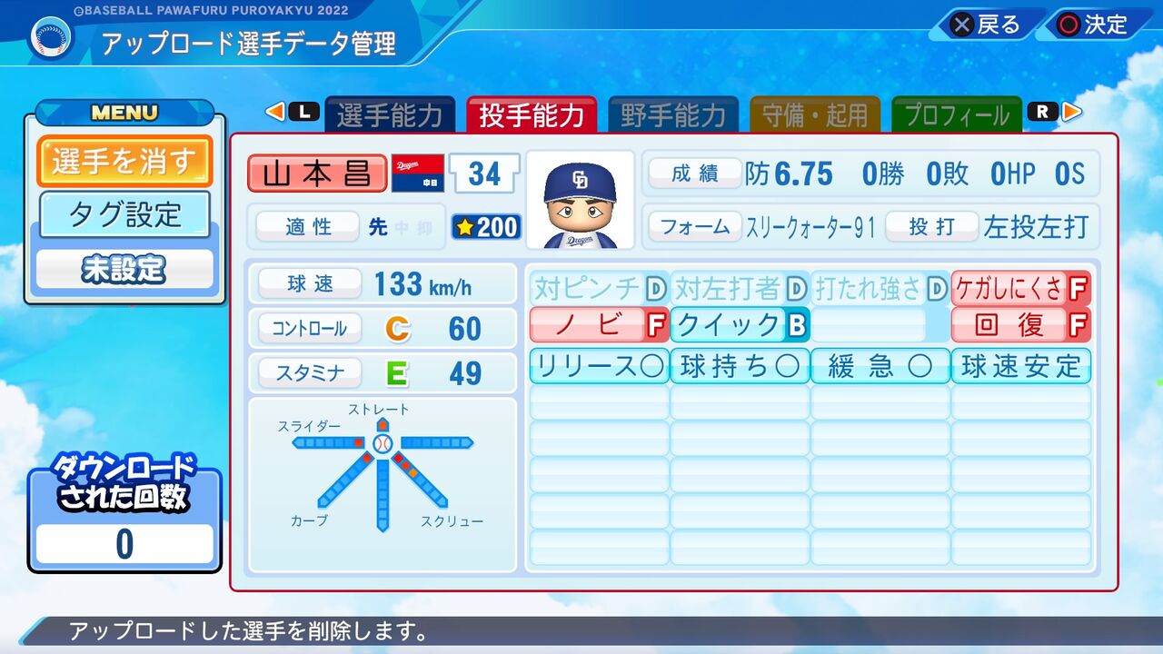 山本昌(2015・中日) パワプロ2022 再現選手 : 威圧館