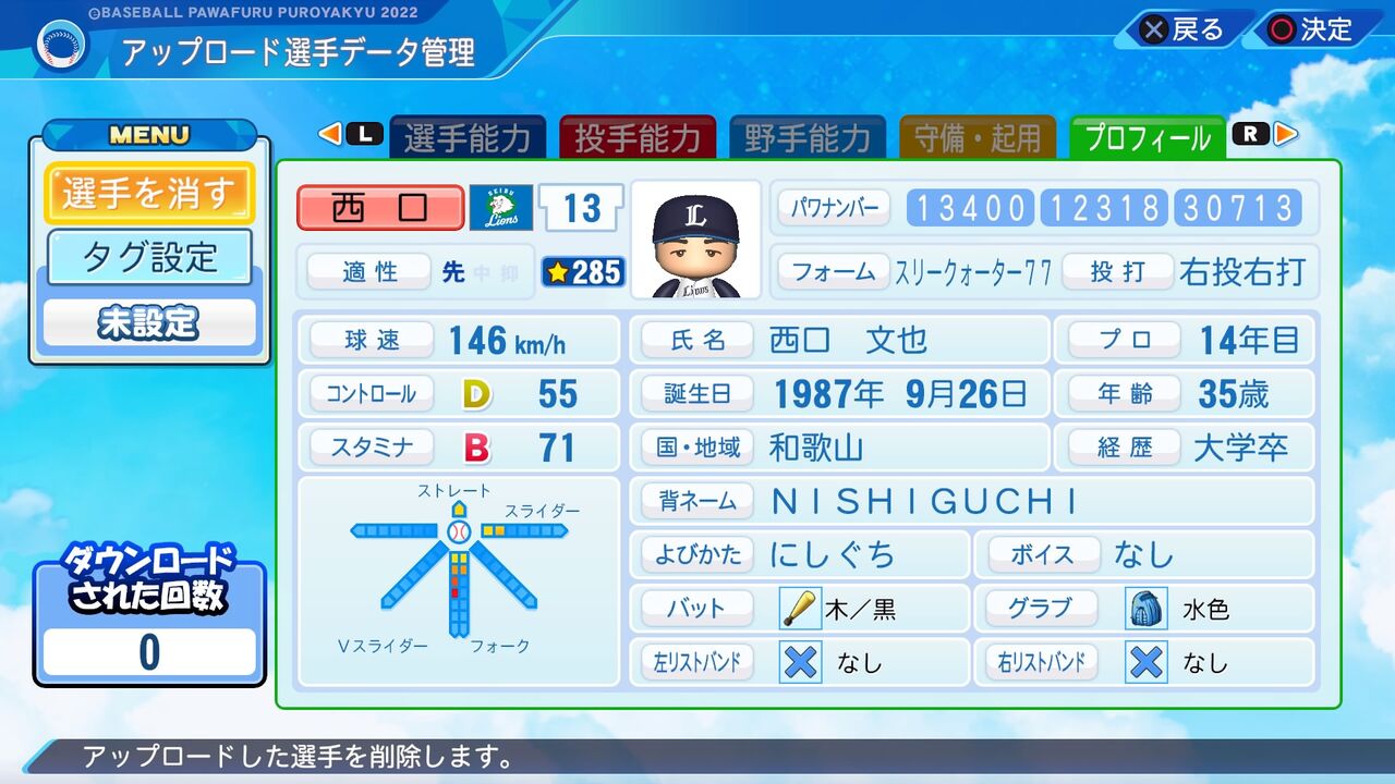 西口文也(2008・西武) パワプロ2022 再現選手 : 威圧館