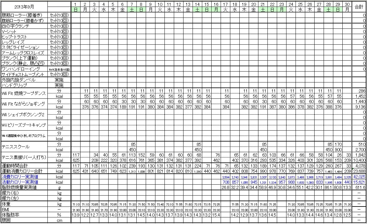 日別運動の実績 2013年9月 脱メタボ お腹ダイエット実践記