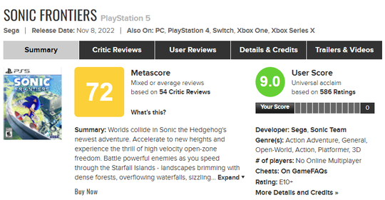 ソニックメタスコア　ユーザースコア