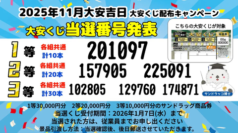 当選番号2025年11月サンドラッグ大安くじ