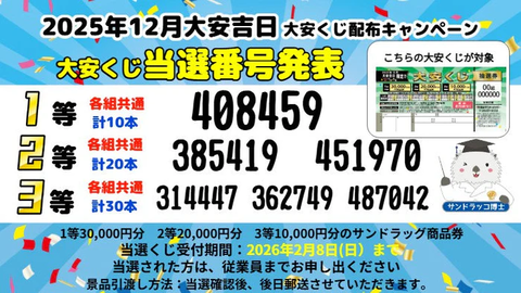 当選番号サンドラッグ大安くじ2025年12月