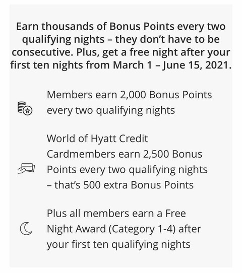 Hyatt では6/15までの間、２泊ごとに2000ポイント、10泊後に無料宿泊がもらえるキャンペーン開催しています🏨