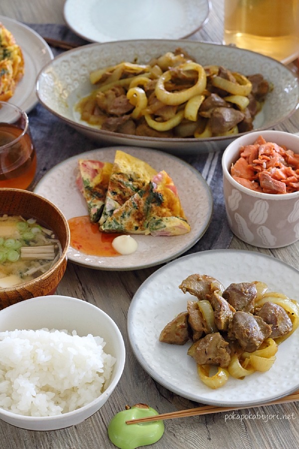 砂肝炒めのときのおうちご飯(献立写真)