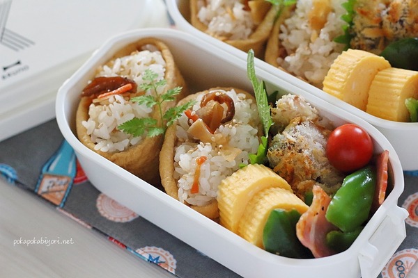 いなり寿司と白身魚のパン粉焼きのお弁当
