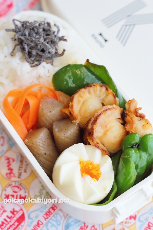 ギザギザ卵やホタテバター炒めの高校生弁当