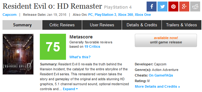 バイオハザード0 Hdリマスター 海外メタスコアは75点スタート 今日においても偉大なタイトル ゲームかなー