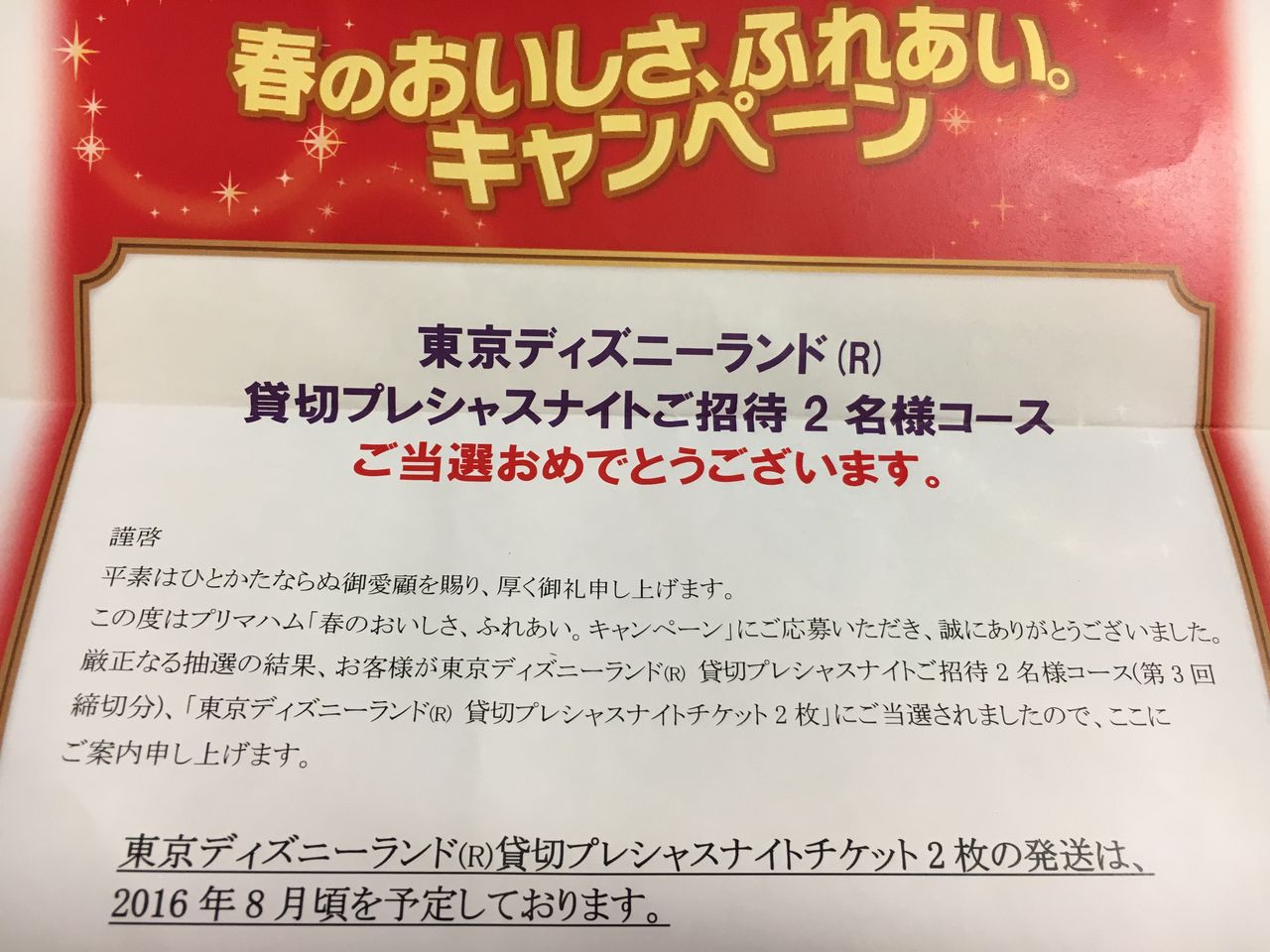 プリマプレシャスナイトの当選通知 南瓜マカロンの子連れでディズニー プリマプレシャスナイトの当選通知 南瓜マカロンの子連れでディズニー