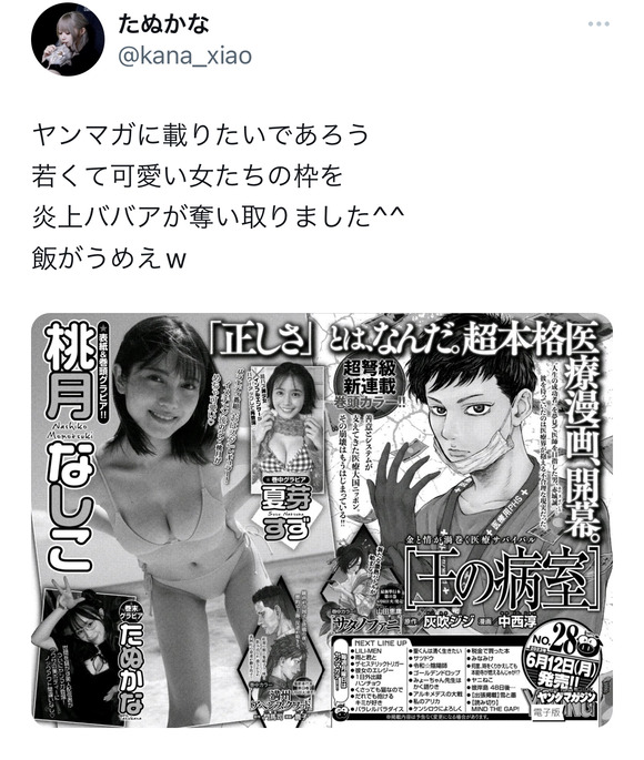 ヤンマガの巻末グラビアに登場のたぬかなさん「若くて可愛い女たちの枠を炎上ババアが奪い取りました」