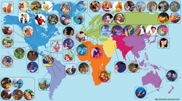 ディズニーワールドマップ ディズニー 44タイトル ピクサー 13タイトル 映画のロケーションマップ ジャポンタ