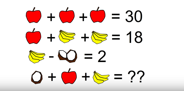 算数なぞなぞ さて これ答えられるかな りんご りんご りんご ３０ りんご ばなな ばなな １８ ばななーココナッツ ２ それではココナッツ りんご ばばな ジャポンタ