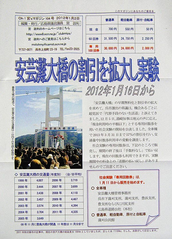 安芸灘大橋 通行料金の割引 : 呉のメバル師