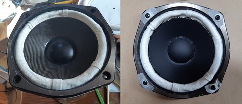 左　セーム皮エッジに換装　右　更にコーン紙補強