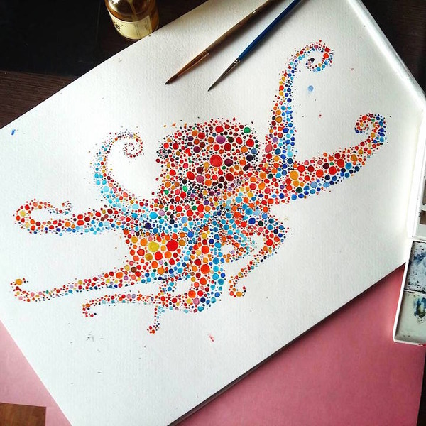 超カラフルな動物の水彩画!色とりどりの点によって描かれる (15)