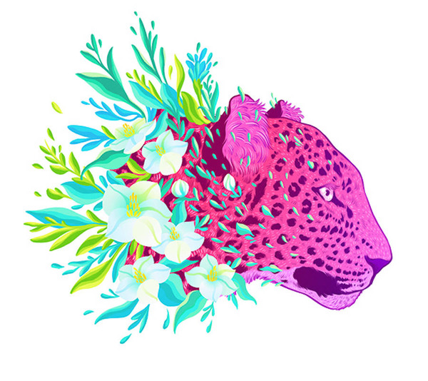 花で彩られた絶滅危惧種の動物の色鮮やかなイラスト