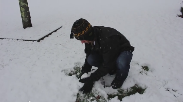 手で雪を集める
