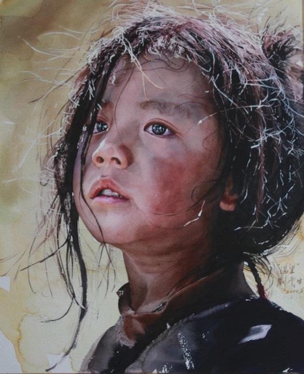 水彩画で描かれたハイパーリアルなチベットの風景 人々の生活と肖像画