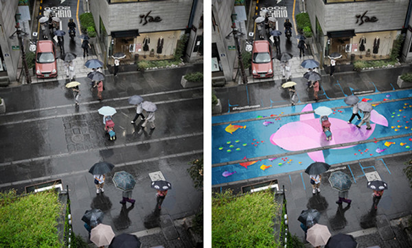 雨が降って路面が濡れると爽やかな絵が浮かびだす!水発色の塗料 (3)