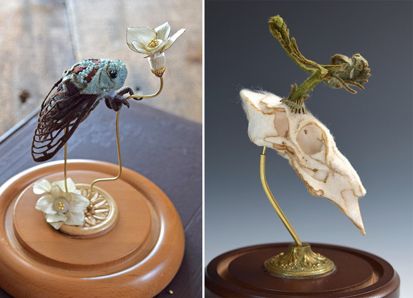ウールやシルクから作られた骨格標本アート