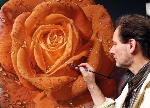 高精細！水滴をまとう写実的で美しいバラの花の油絵 (1)