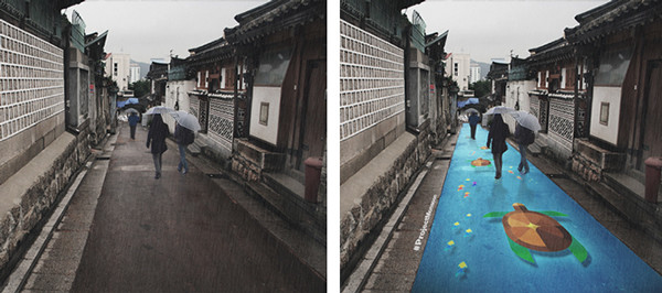 雨が降って路面が濡れると爽やかな絵が浮かびだす！水発色の塗料 (5)