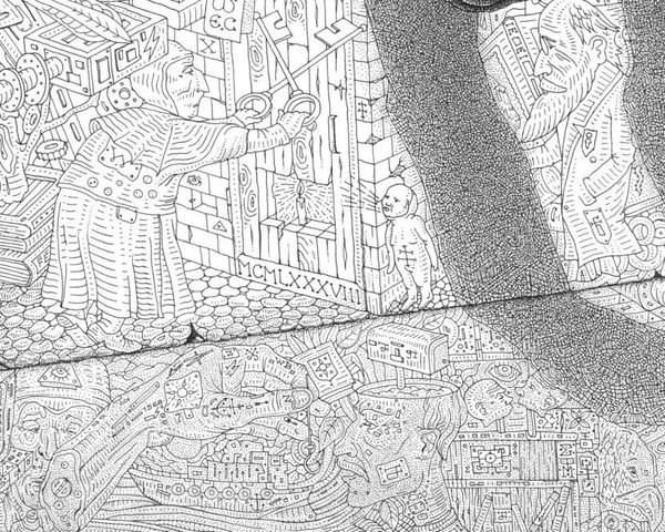 イラストの中にイラスト 数百の小さなイラストで描かれる壮大な絵画作品 イラストの中にイラスト 数百の小さなイラストで描かれる壮大な絵画作品