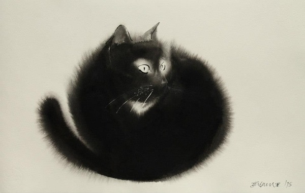 水墨画のような黒猫の水彩画 エンドレ・ペノベック