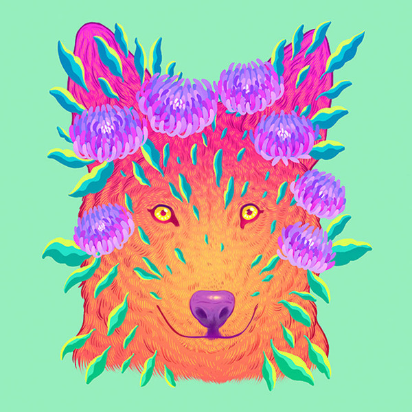 花で彩られた絶滅危惧種の動物の色鮮やかなイラスト