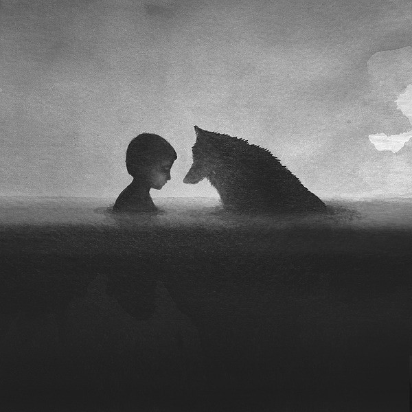 動物と少年のモノクロ絵画 Elicia Edijanto (1)