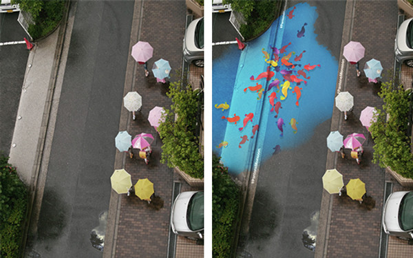 雨が降って路面が濡れると爽やかな絵が浮かびだす！水発色の塗料 (7)
