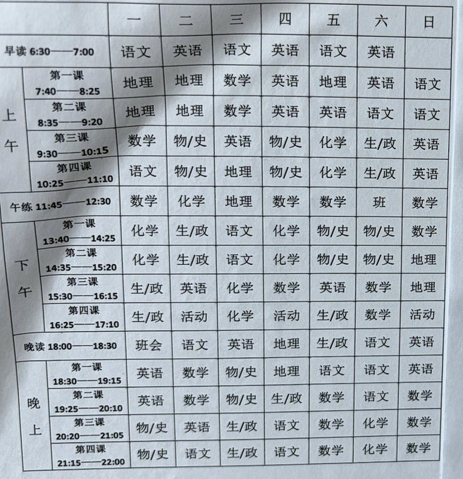 【画像】中国の学校、7時40分から22時までの鬼みたいな時間割wwwwwwwwwwwwwwwwww