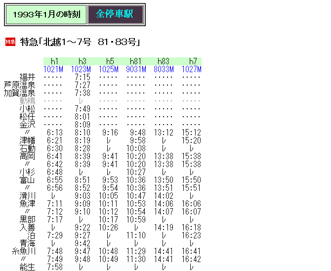 ☆ 1993年1月 大阪延長の特急「北越 4号」の時刻 : Rail・Art