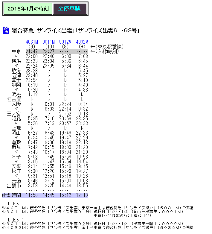 ☆ 2024年8月 寝台特急「サンライズ出雲」の時刻 : Rail・Art