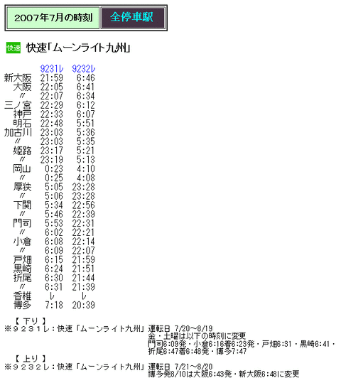 ☆ 2007年7月 快速「ムーンライト九州」の時刻 : Rail・Artブログ