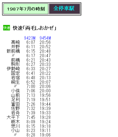 ☆ 1987年夏臨 快速「両毛しおかぜ」の時刻 : Rail・Artブログ