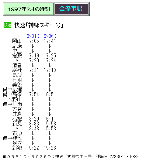 １９９７年 快速 神郷スキー号 の時刻 Rail ａｒｔブログ