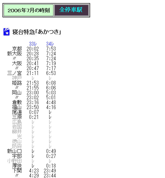 ☆ 2006年7月 寝台特急「あかつき」の時刻 : Rail・Art