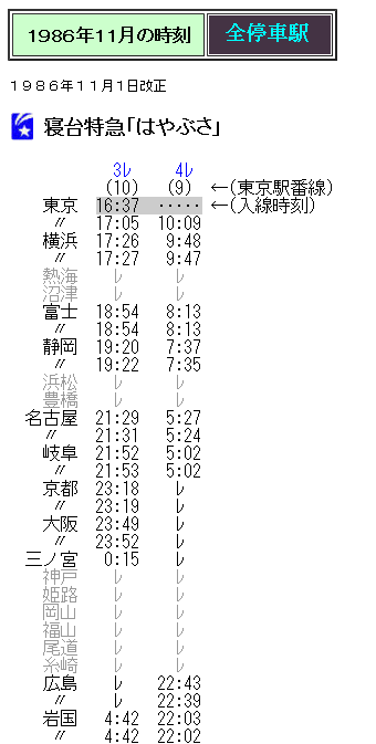 ☆ 1986年11月 寝台特急「はやぶさ」の時刻 : Rail・Artブログ
