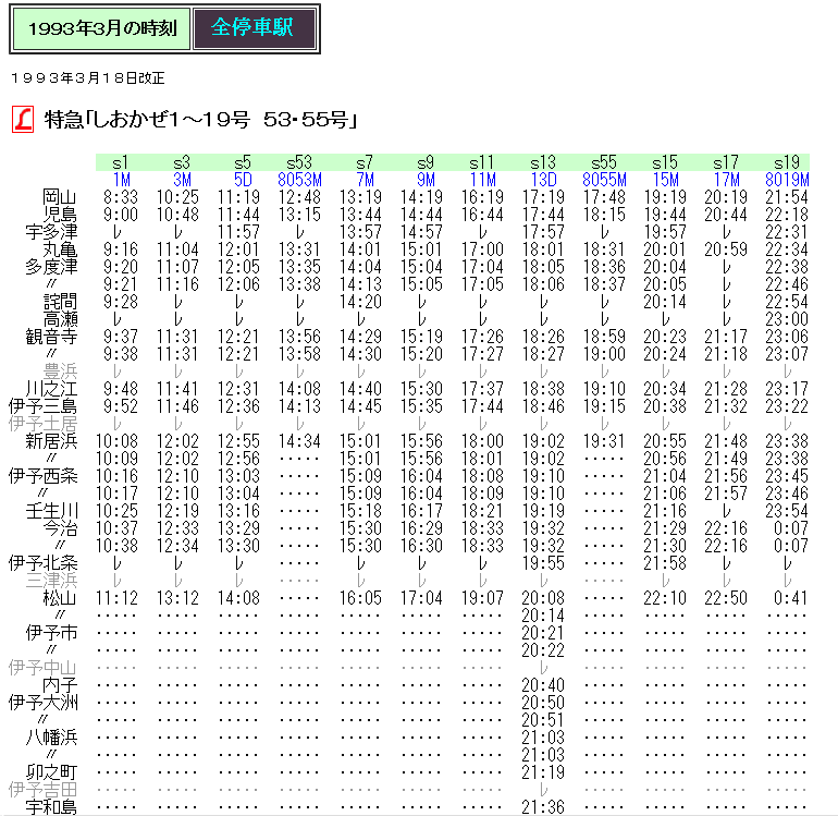 ☆ 1993年3月 L特急「しおかぜ52～55号」の時刻 : Rail